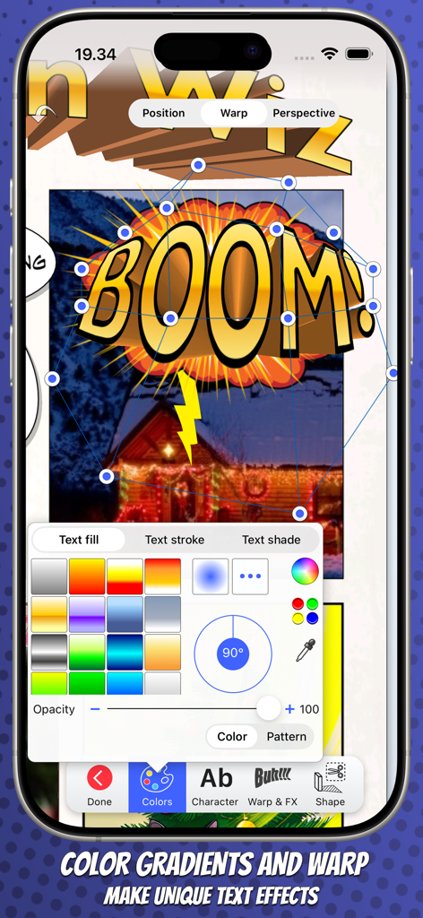 Strip Designer app showing the 3D text warp and color gradient tools for creating a comic book boom effect