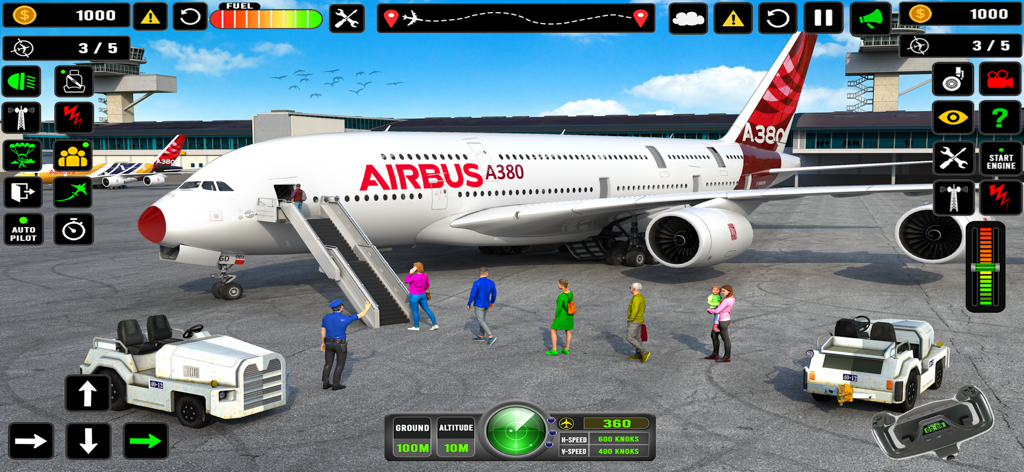 Flight Simulator: Pilot Game - Airbus A380 aircraft on the tarmac with passengers boarding in the Flight Simulator Pilot Game