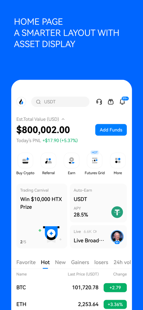 Página de inicio del exchange de criptomonedas HTX que muestra el valor total de los activos y varias funciones de trading