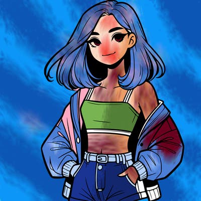 a realistic girl with a crop top and short shorts in an open jacket