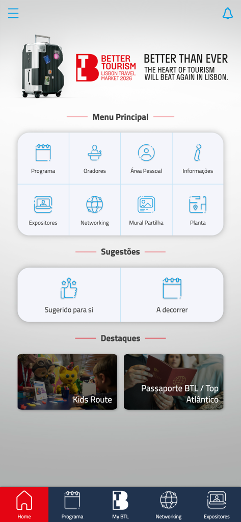 BTL 2026 - BTL 2026 Lissabon Travel Market App Startbildschirm mit dem Hauptmenü mit Symbolen für Programm, Redner und Aussteller
