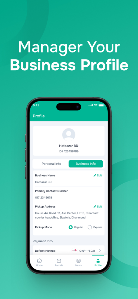 SteadFast Merchant - SteadFast Merchant 앱 비즈니스 프로필 관리 화면에 연락처 정보 및 픽업 설정이 표시됩니다.