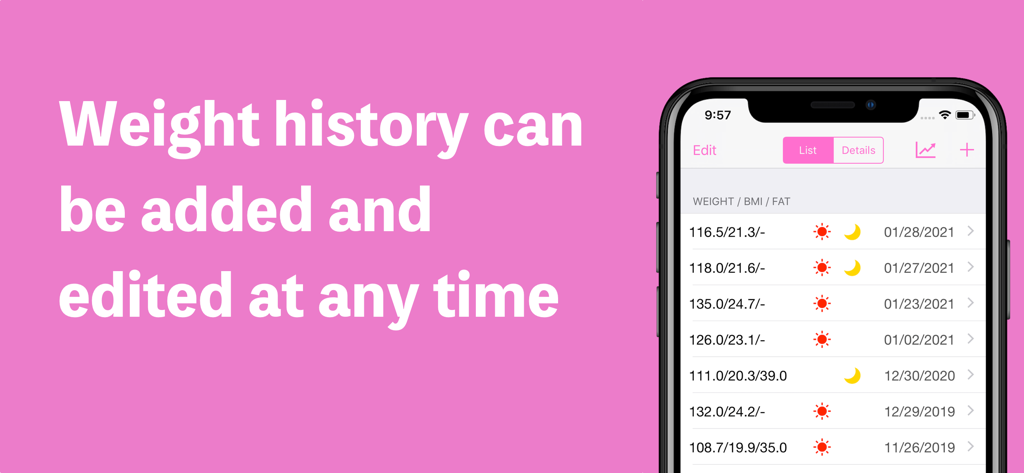 Weight measurement of princess - Pantalla de lista de historial de peso de princesa con fondo rosa y registros de peso