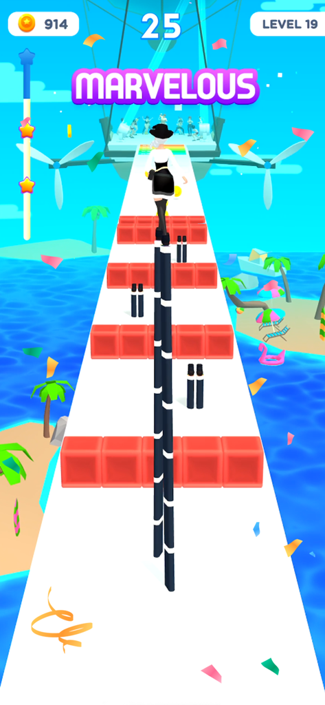 Dancing Race - Female avatar walking on extra long high heels on a white runway in the mobile game Dancing Race