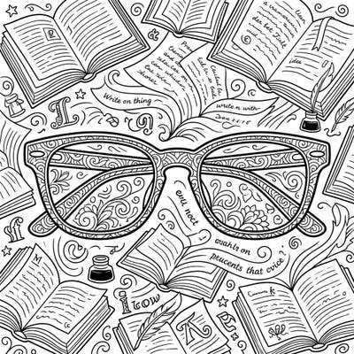 Focus your creativity with this enchanting reading glasses coloring page, intricately designed with elegant patterns and surrounded by an inspiring literary world. It's the perfect artistic escape for book lovers and anyone seeking a moment of mindful coloring.