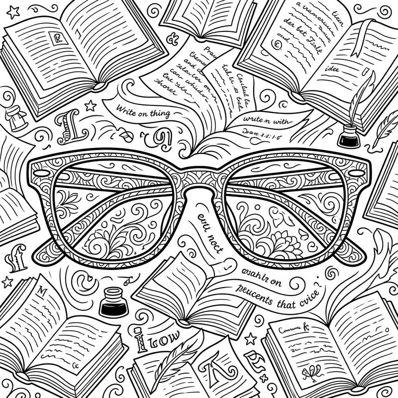 Focus your creativity with this enchanting reading glasses coloring page, intricately designed with elegant patterns and surrounded by an inspiring literary world. It's the perfect artistic escape for book lovers and anyone seeking a moment of mindful coloring.