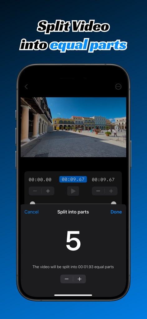Interfaz de la aplicación Dividir Video en Partes mostrando un video dividido en cinco segmentos iguales