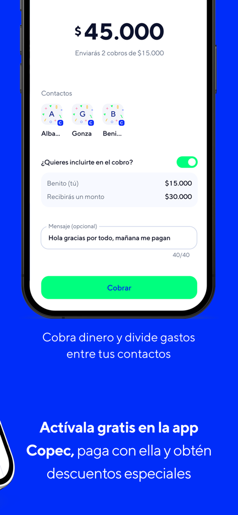 Screen of the Copec app showing how to collect money and split expenses with contacts