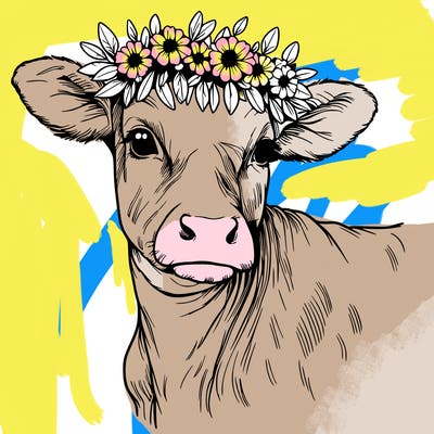 realist  cow with flower crown