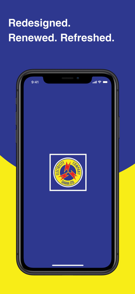 ECG PowerApp - Pantalla de inicio de la ECG PowerApp con el logo de la Electricity Company of Ghana en un dispositivo móvil.
