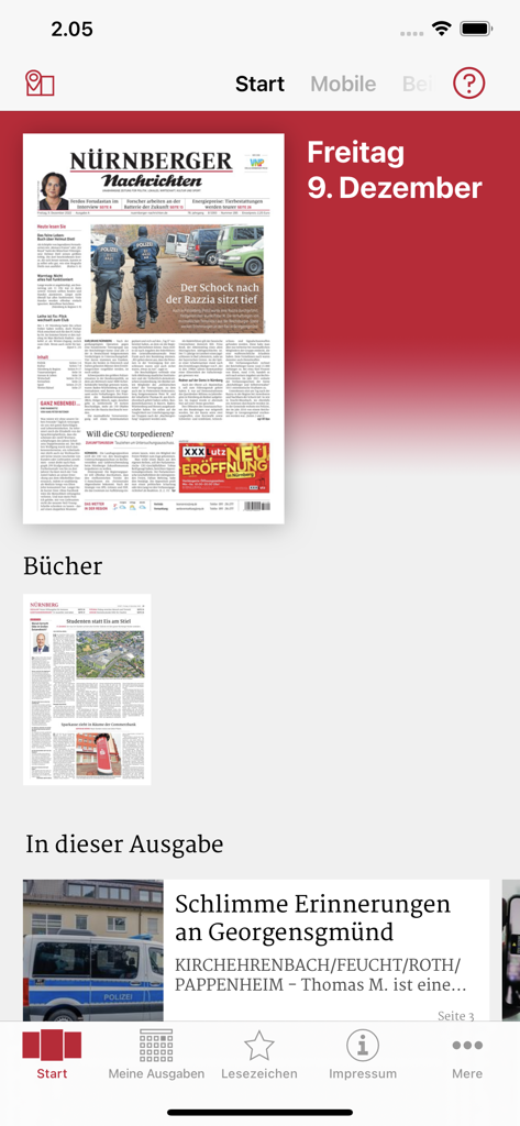 Startbildschirm der Nürnberger Nachrichten E-Paper-App, der die Titelseite und aktuelle Nachrichtenartikel zeigt