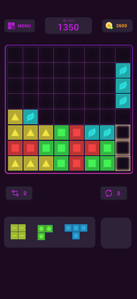 Block Puzzle - Puzzle Games * - Interfaz del juego de rompecabezas de bloques con bloques coloridos en una cuadrícula en modo oscuro.
