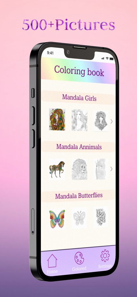 Smartphone screen displaying coloring categories like Mandala Girls and Mandala Animals with over 500 pictures available