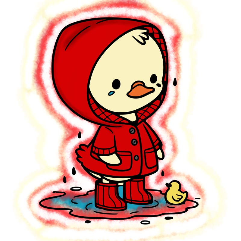 baby duck in a rain coat and boots, in a puddle while it’s raining