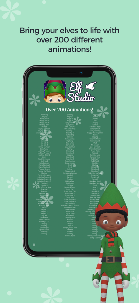 Une liste de plus de 200 animations disponibles pour les elfes personnalisables dans l'application Elf Studio.