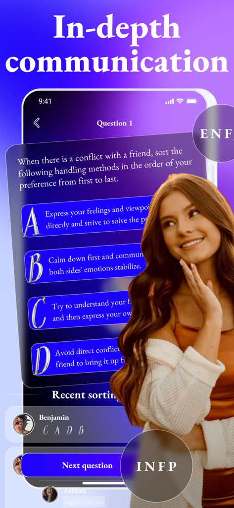 Mette - Video Chat, New Friend - Mette app screenshot showing an in-depth communication personality quiz with personality type bubbles like INFP and ENFJ.