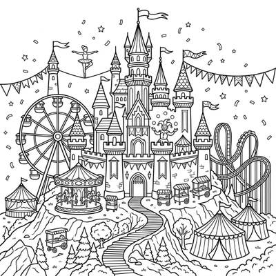 Enter a world of festive wonder with this incredible coloring page featuring a majestic hilltop castle taken over by a vibrant carnival. Discover a fantastic array of attractions, from thrilling rides to playful performers, all awaiting your creative touch.