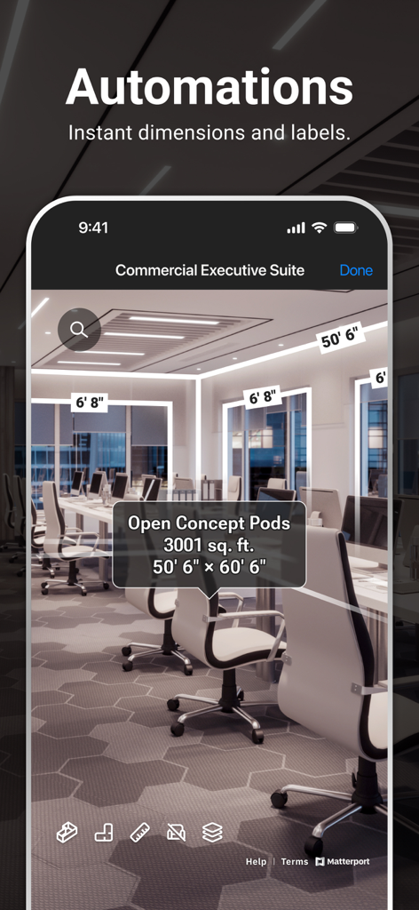 Matterport - Matterport app displaying automated 3D room dimensions and labels in a commercial office space