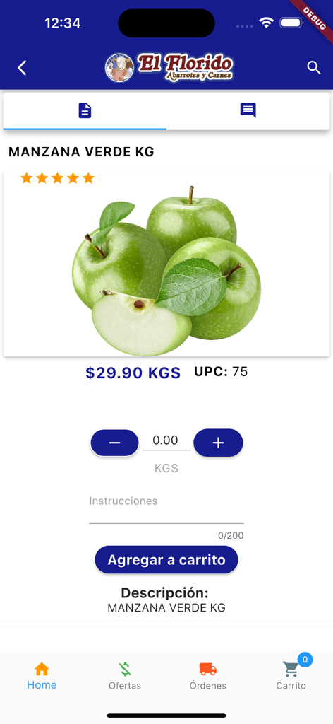 El Florido - Página de producto de manzanas verdes en la app El Florido mostrando el precio por kilo y el botón de agregar al carrito