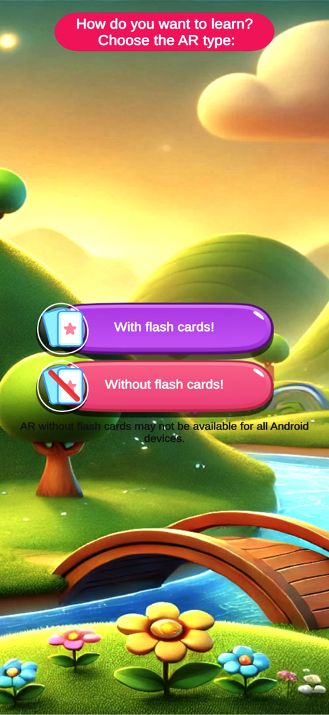 Learning mode selection screen in AR Kids Kit 4D offering options to learn with or without flashcards.