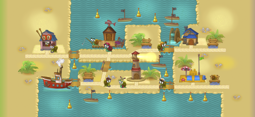 A top-down view of Snail Town in Snail Bob 3 featuring colorful buildings and various snails