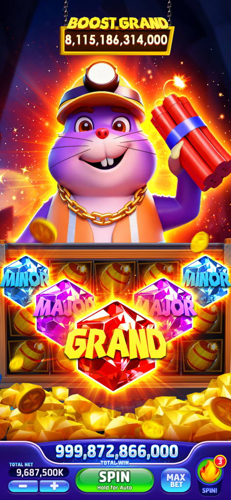 Jackpot Crazy-Vegas Cash Slots - A colorful slot machine game screen featuring a purple mole character dressed as a miner with a grand jackpot prize.