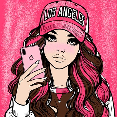 realistic beautiful girl wearing los ángeles cap holding an iphone