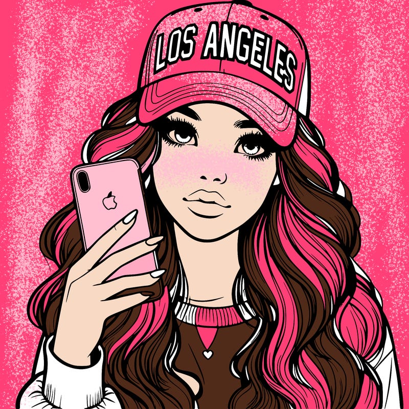 realistic beautiful girl wearing los ángeles cap holding an iphone