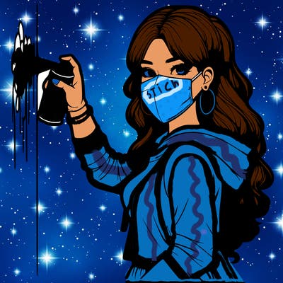 realistic girl with mask spray painting a wall