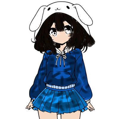 pretty anime girl wearing a fluffy hoodie with bunny ears on the hood and a skirt