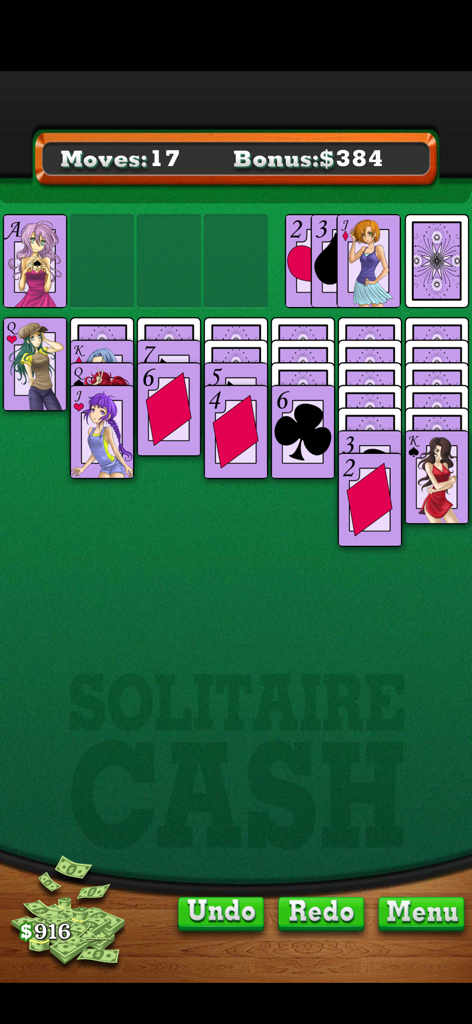 Solitaire Cash mobile game screen featuring anime character cards on a green felt table