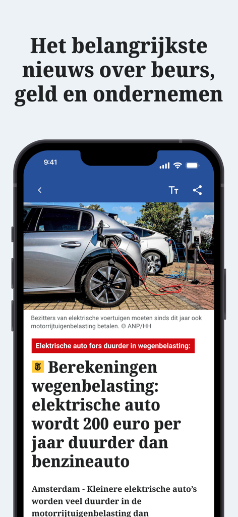 Aplicación móvil De Telegraaf que muestra un artículo de noticias financieras sobre impuestos a la carretera para coches eléctricos