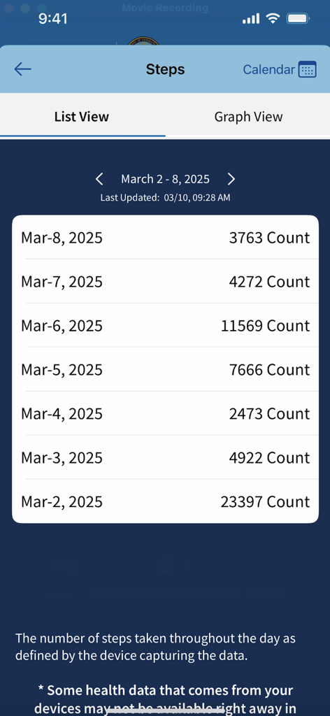 Share My Health Data - Screenshot of the Share My Health Data app displaying a daily list of step counts for a veteran