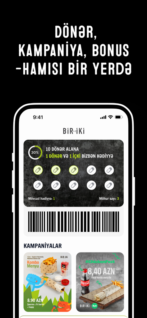 Bir İki Doner Shop - Digital loyalty card and food promotions on the Bir Iki Doner Shop mobile app interface