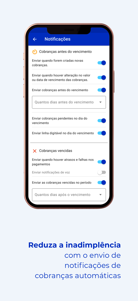 Asaas app settings for automated billing notifications and payment reminders