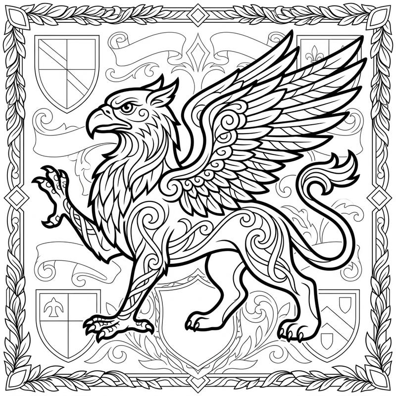 Dive into the noble world of heraldry with this exquisite griffin coloring page, specially designed for seniors. Its clear, bold outlines and intricate patterns offer a relaxing yet stimulating artistic experience.