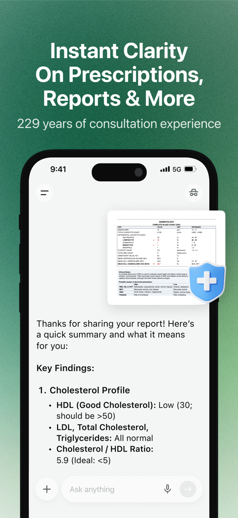 August, Your 24/7 Health AI - August AI providing instant clarity and a summary of a medical health report on a smartphone screen.