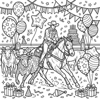 Get ready for a one-of-a-kind celebration with this Cutting Riders Birthday coloring page! It combines the thrilling action of Western equestrian cutting with festive birthday party elements, promising hours of creative fun.