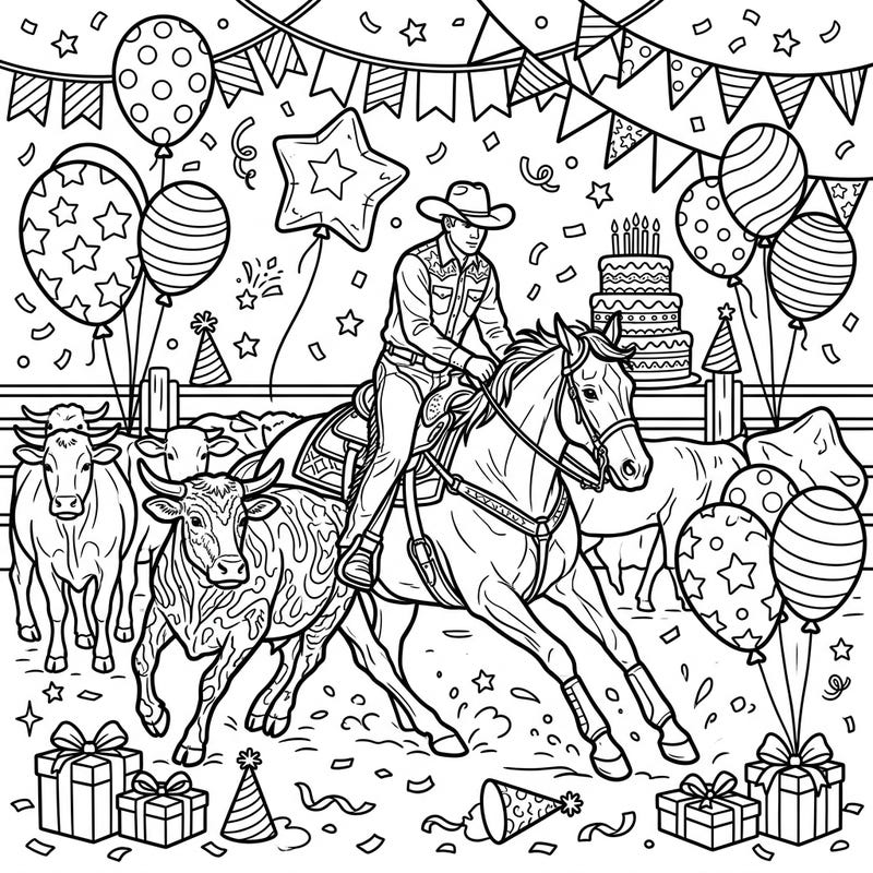Get ready for a one-of-a-kind celebration with this Cutting Riders Birthday coloring page! It combines the thrilling action of Western equestrian cutting with festive birthday party elements, promising hours of creative fun.