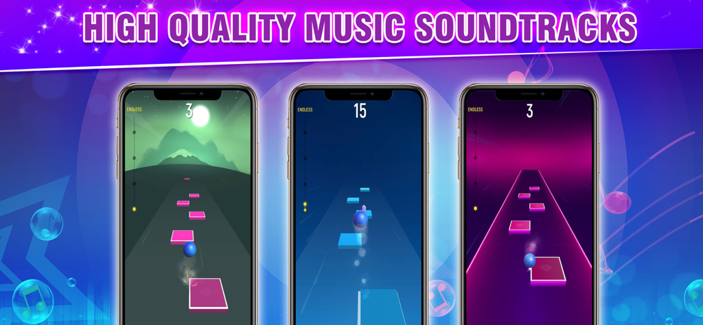 Three mobile phones showing rhythmic music gameplay with a ball jumping on tiles in different themed environments.