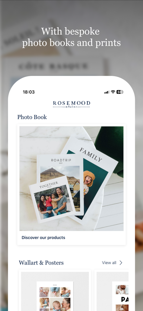 Rosemood: Photo Books & Prints - Interfaccia mobile dell'app Rosemood che mostra opzioni di album fotografici personalizzati premium