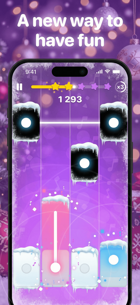 Piano Pop: Music Game Tiles - Interface do jogo de ritmo Piano Pop com um tema festivo de inverno e peças de música nevadas em um fundo roxo.