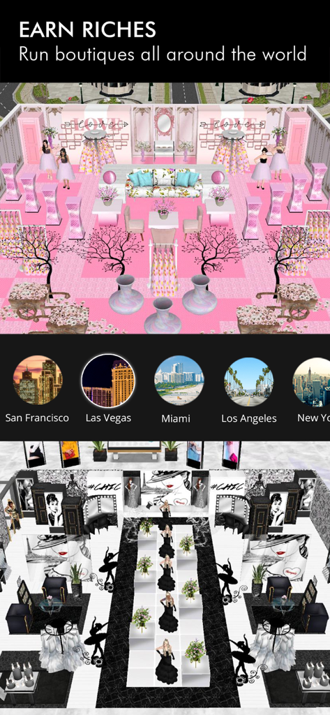 Screenshot of Fashion Empire showing boutique designs in pink and black themes with icons for cities like San Francisco and Las Vegas.
