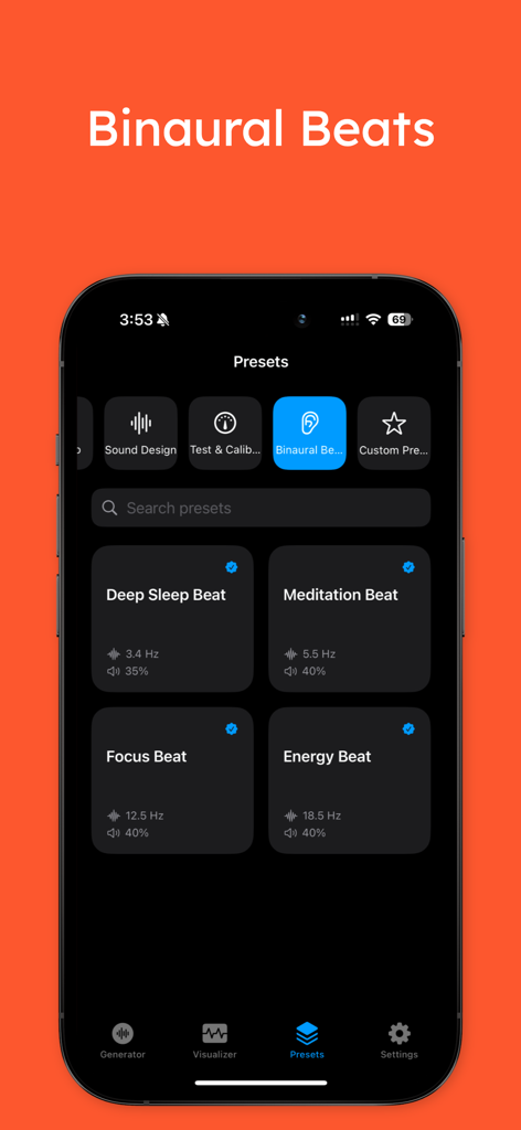 ToneWave Pro - ToneWave Pro app interface showing binaural beats presets for sleep meditation focus and energy