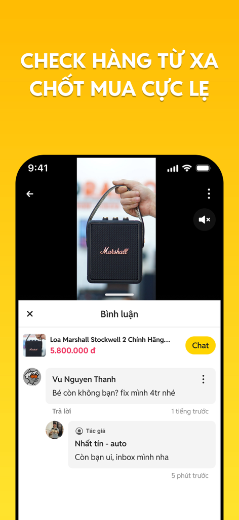 Pantalla de la app móvil mostrando un listado de altavoces Marshall en Cho Tot con una sección de comentarios para la negociación de precios.