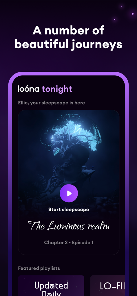 Loóna: Sleep, reduce anxiety - Loona app screen displaying a sleepscape journey called The Luminous realm