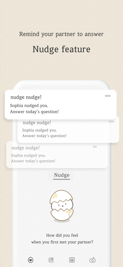 SumOne: For Relationships - Pantalla móvil que muestra la función de recordatorio de la aplicación SumOne con notificaciones que recuerdan a una pareja responder la pregunta diaria sobre la relación.