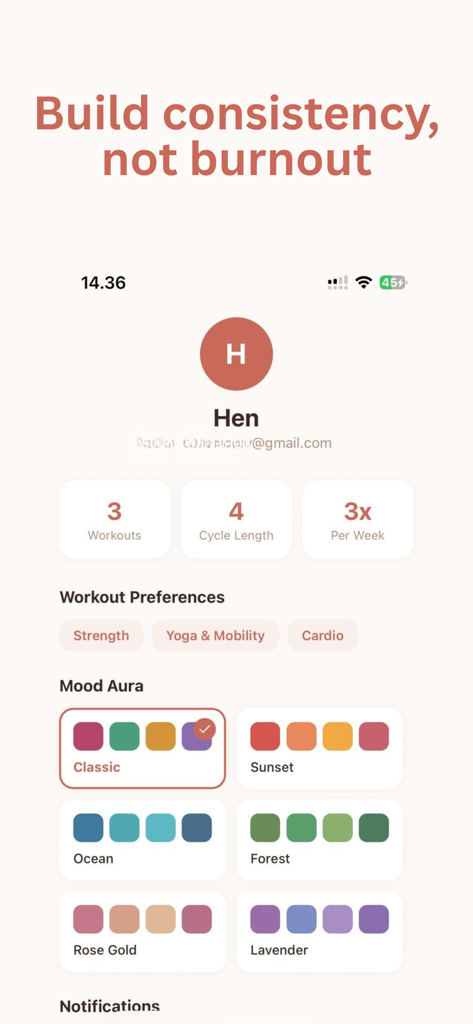 Rasa: Cycle Sync Fitness - User profile screen of Rasa app showing workout stats and mood aura color themes.
