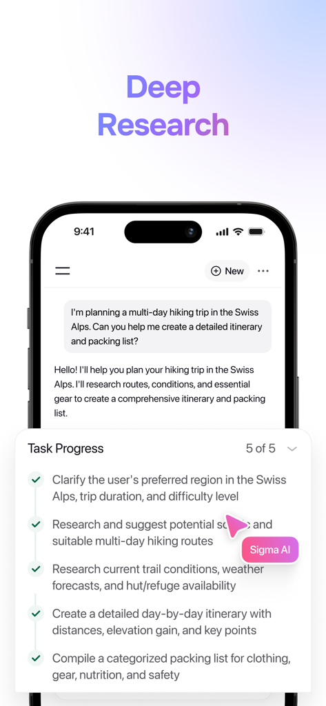 Sigma AI Browser - Sigma AI Browser Deep Research feature showing an AI assistant planning a detailed hiking itinerary with a task progress checklist