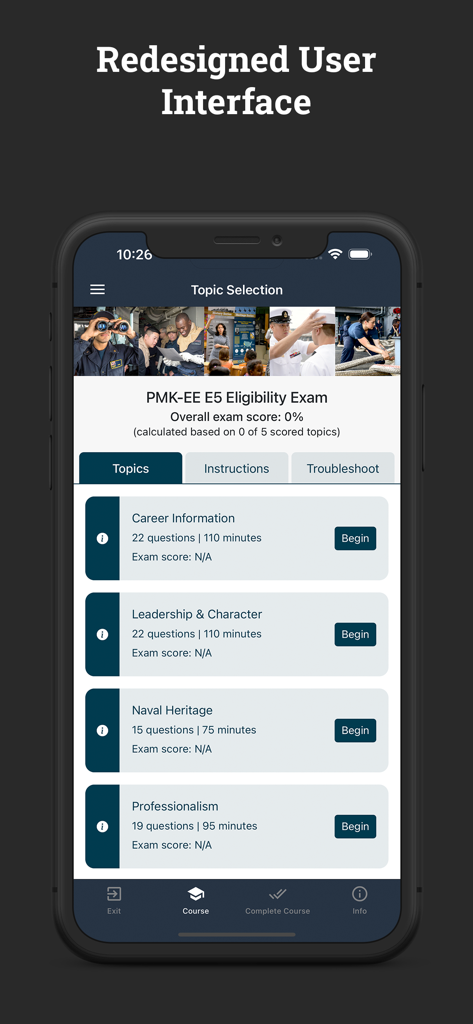 Screenshot of the PMK-EE mobile app showing the redesigned user interface with the E5 eligibility exam topic selection screen.